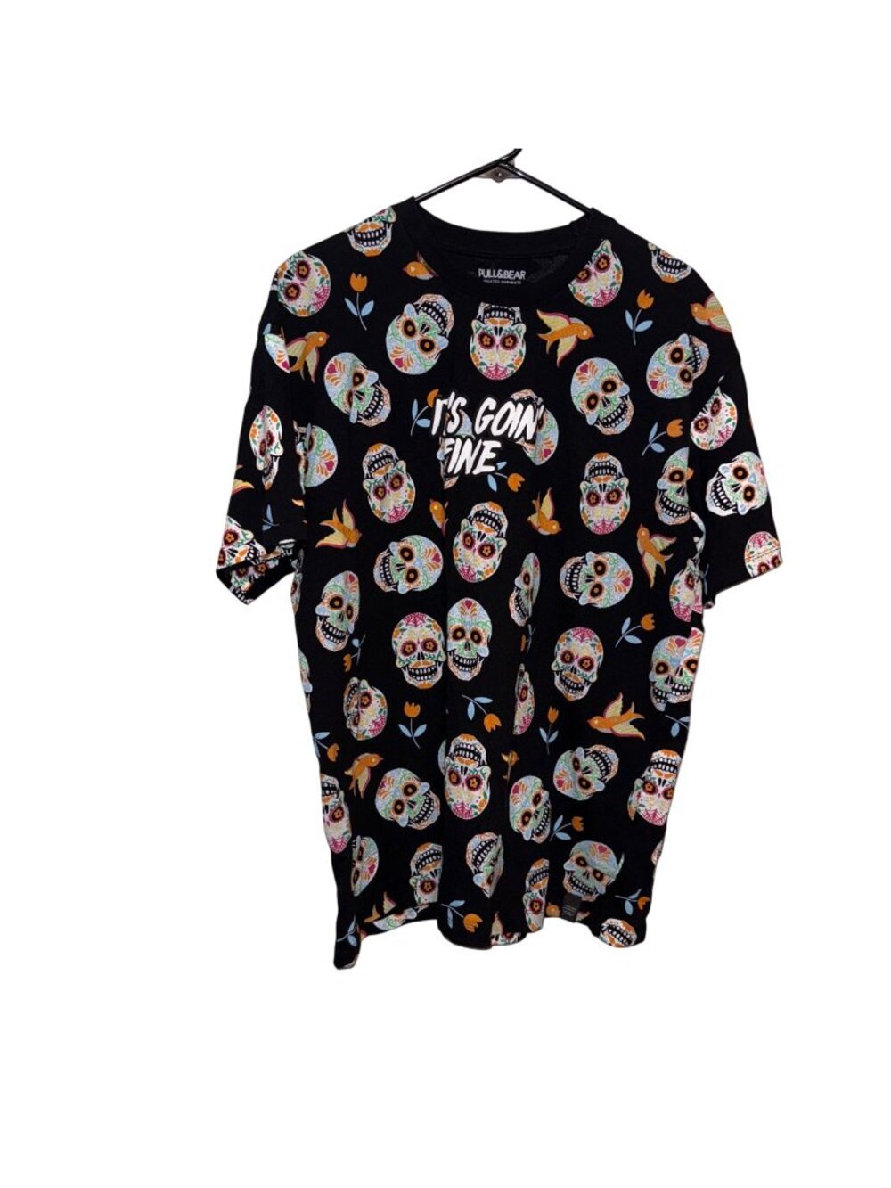 Pull & Bear It's Goin' Fine T-Shirt Colorful Sugar Skull & Bird Print Size L